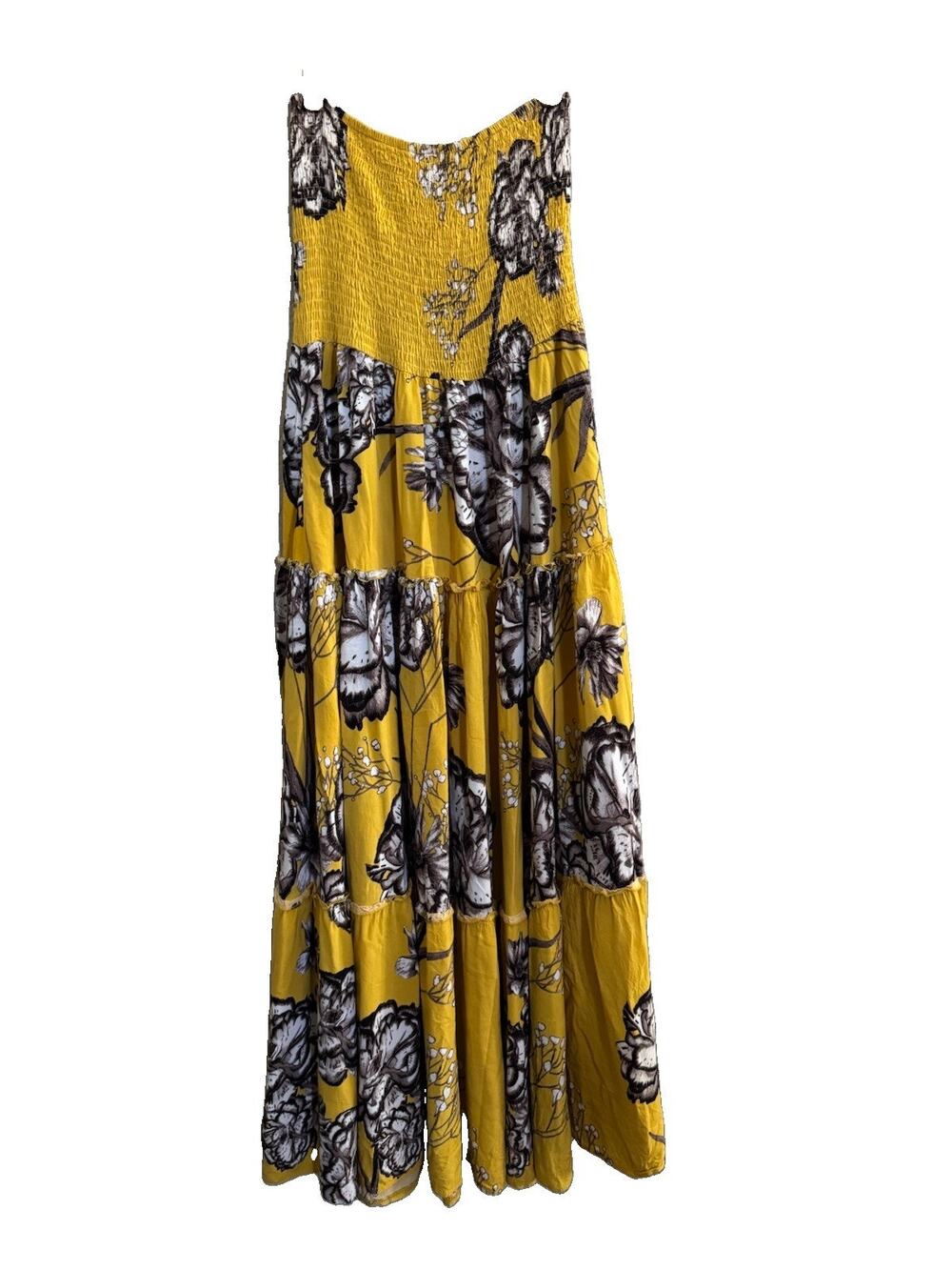 Jaase Maxi Dress Medium Yellow Tube Top Floral Strapless Smocked Boho #7319